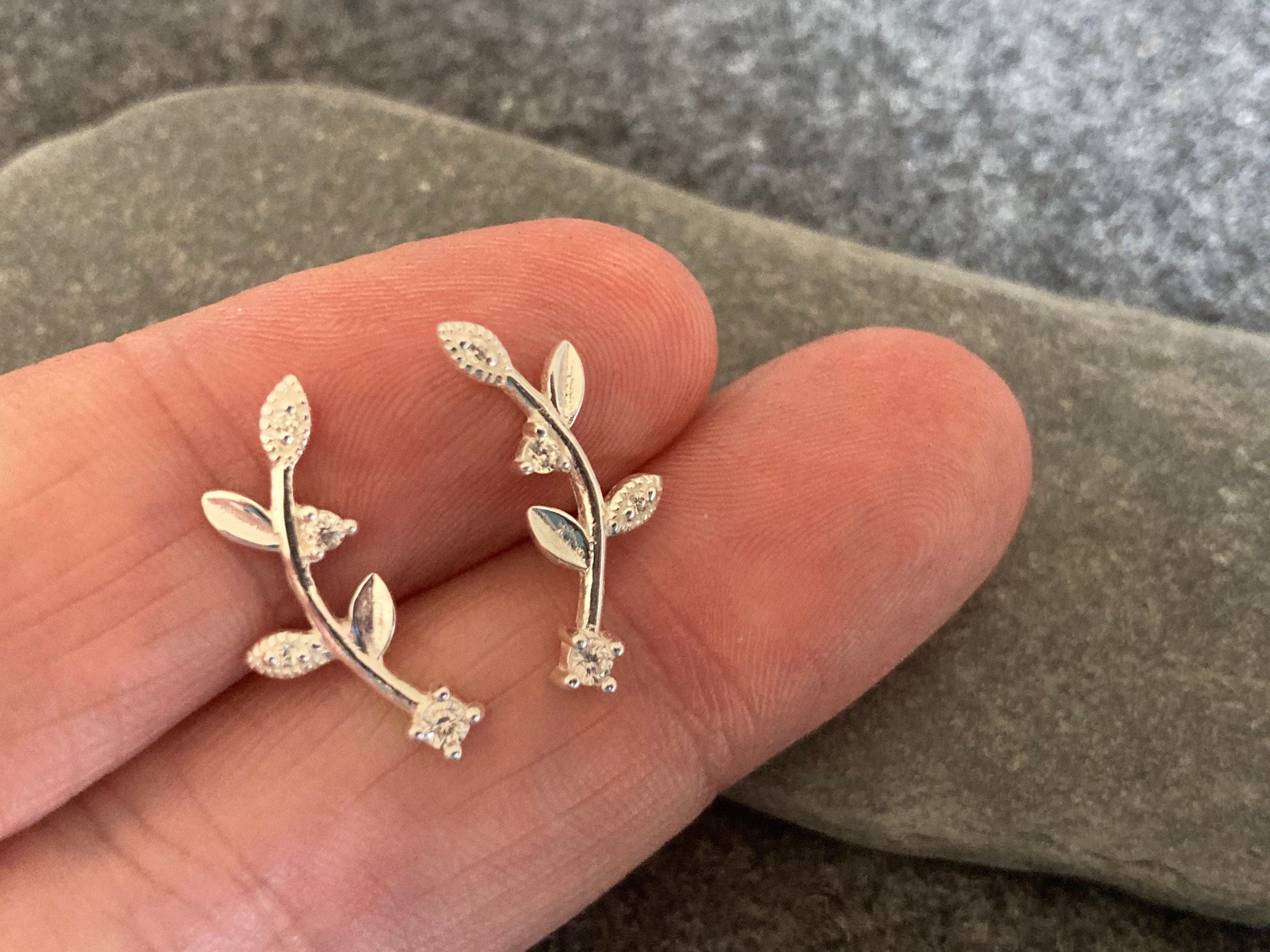 Floral Leaf Branch - 925 Sterling Silver Cubic Zirconia CZ Stud Earrings