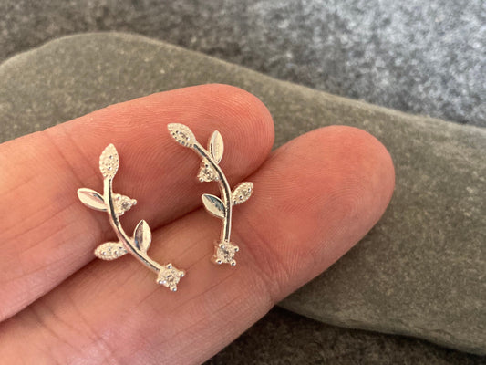 Floral Leaf Branch - 925 Sterling Silver Cubic Zirconia CZ Stud Earrings