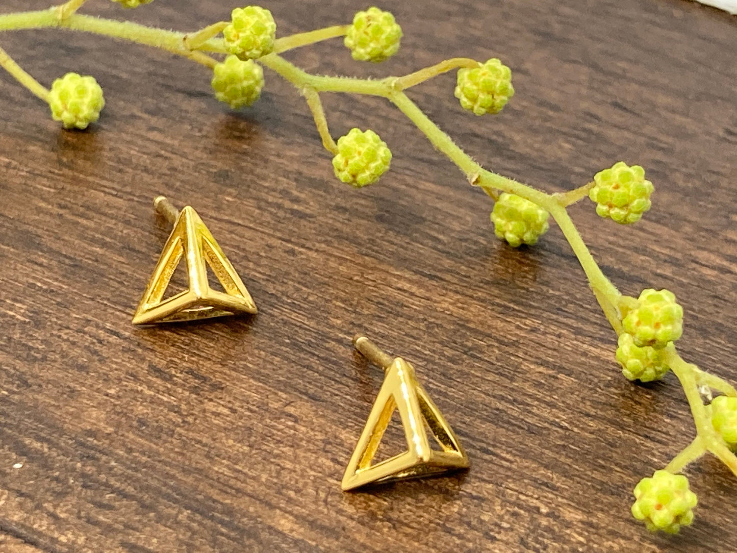 Triangle Pyramid Frame - 925 Sterling Silver 14ct Gold Plated Geometric Stud Earrings Boxed