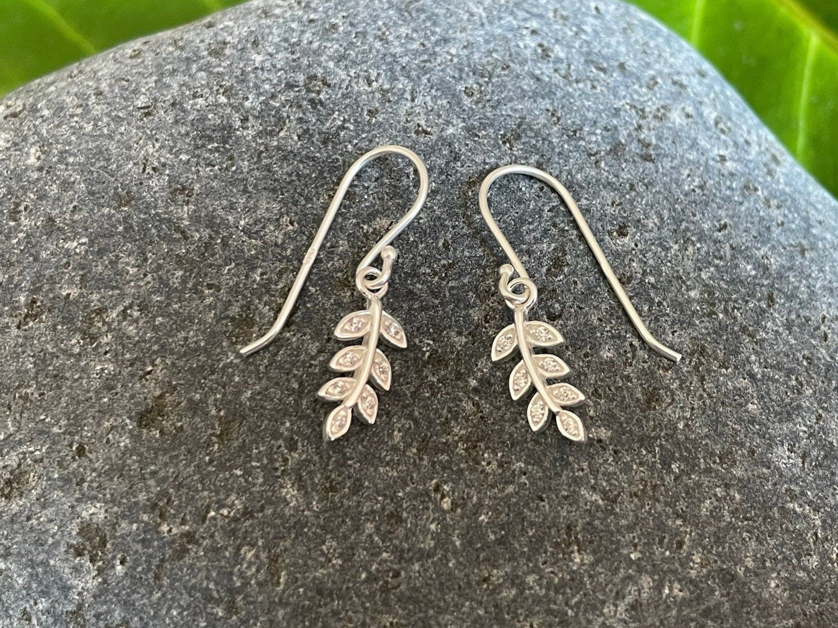 Olive Leaf Drop Earrings in 925 Sterling Silver with Cubic Zirconia