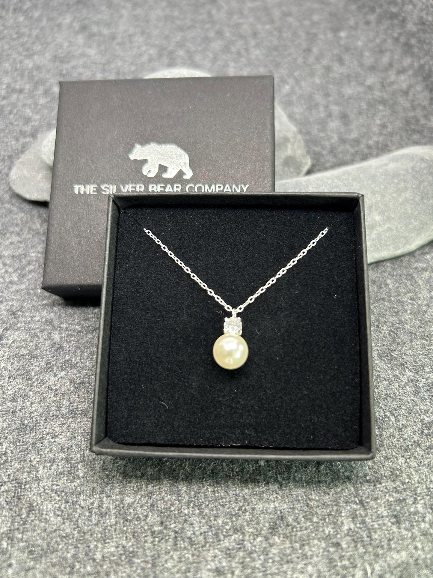 Pearl Necklace - 925 Sterling Silver Pearl & Cubic Zirconia CZ Pendant and Chain - Boxed