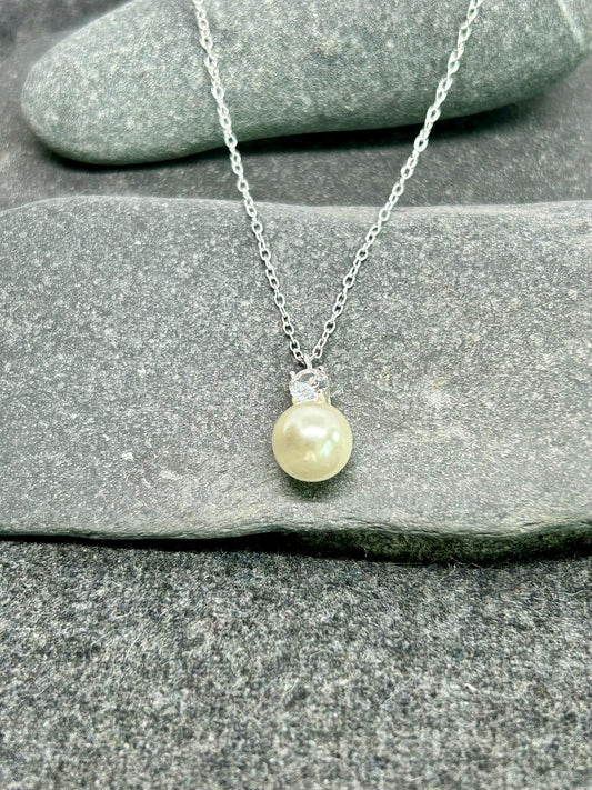 Pearl Necklace - 925 Sterling Silver Pearl & Cubic Zirconia CZ Pendant and Chain - Boxed
