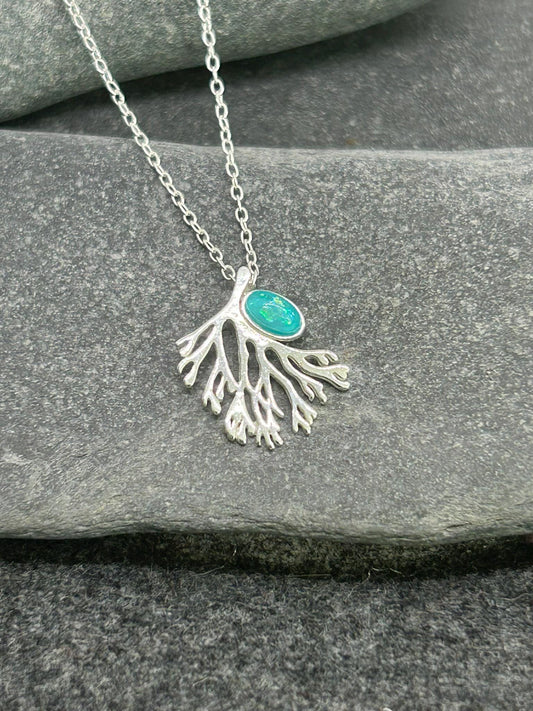 Coral Reef - 925 Sterling Silver Pendant and Necklaces (Aqua Opal & Silver) Boxed