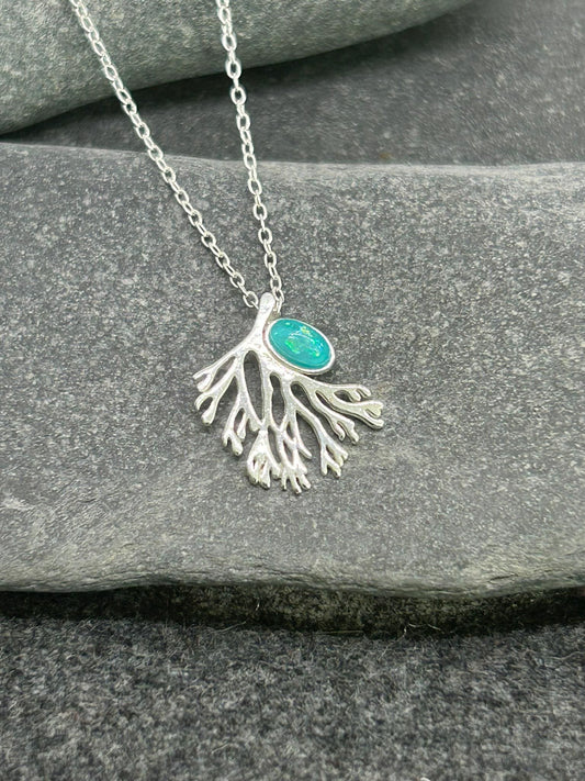 Coral Reef - 925 Sterling Silver Pendant and Necklaces (Aqua Opal & Silver), Gift‑Ready