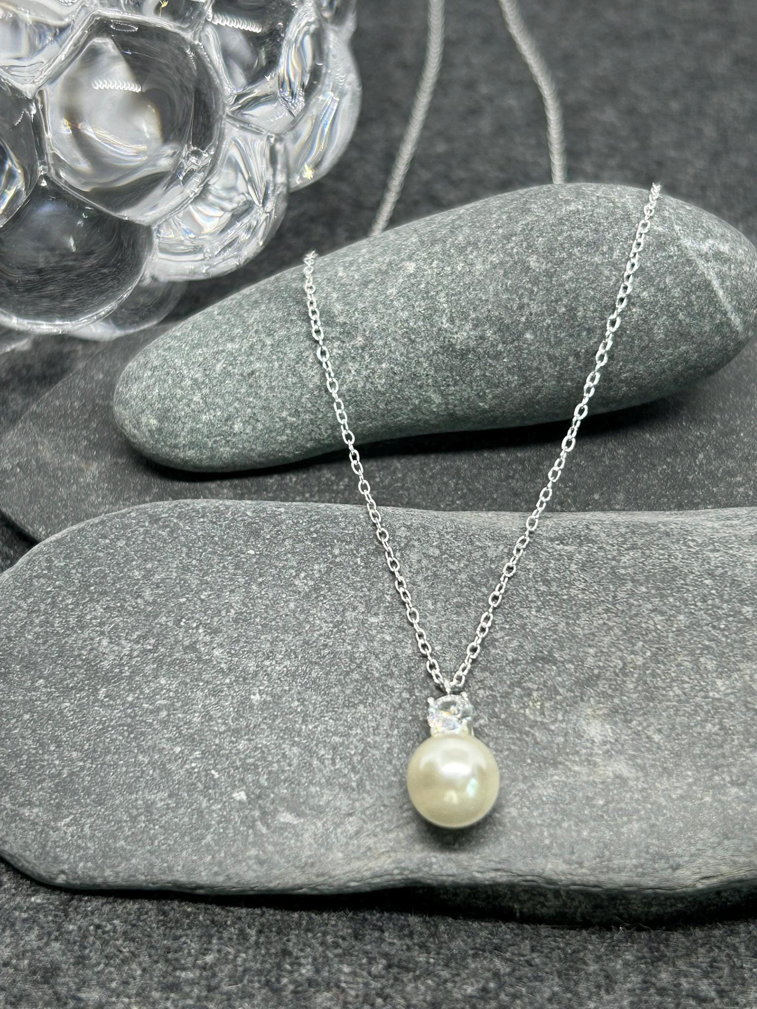 Pearl Necklace - 925 Sterling Silver Pearl & Cubic Zirconia CZ Pendant and Chain - Boxed