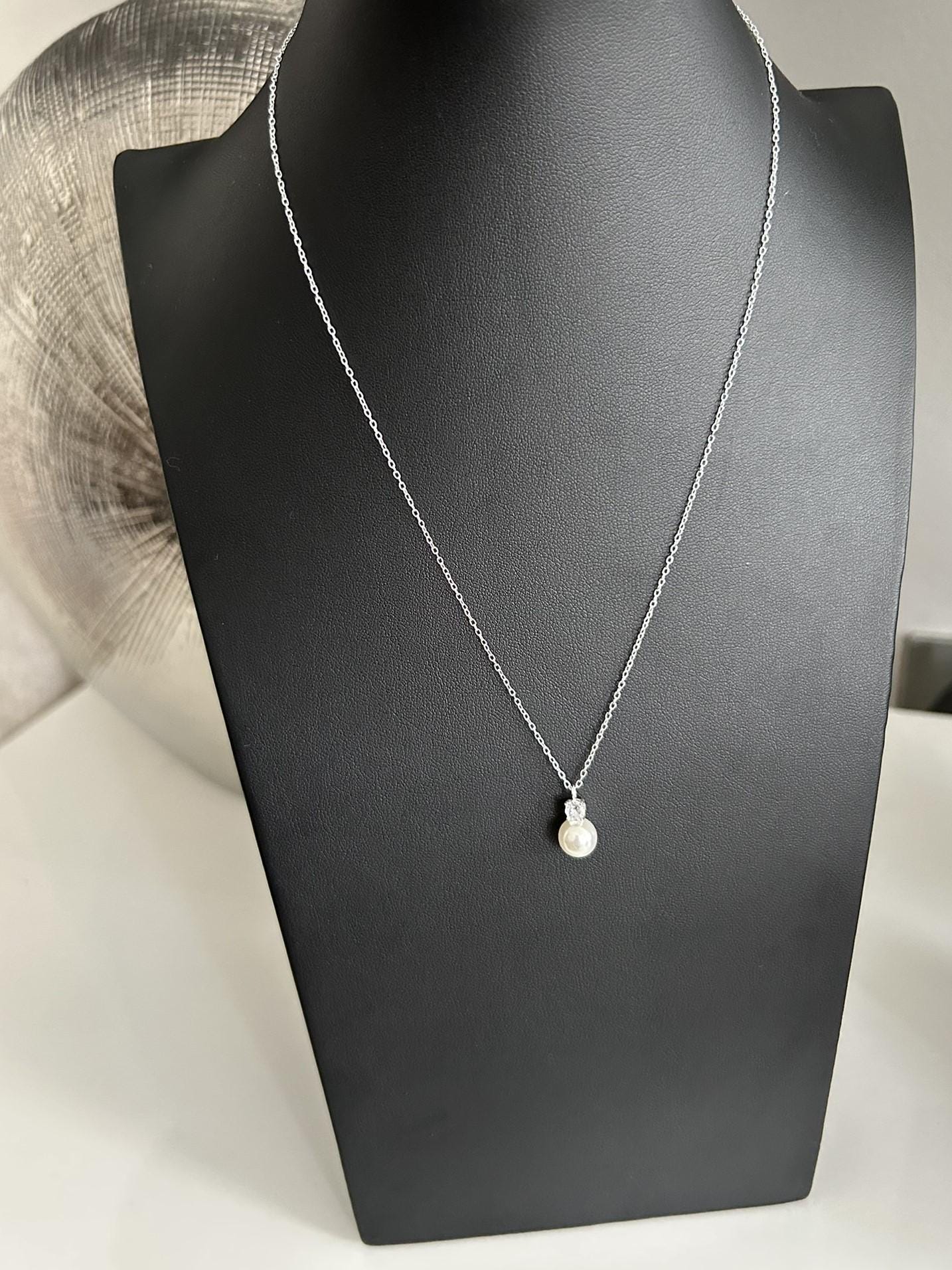 Pearl Pendant Necklace in 925 Sterling Silver Chain with Cubic Zirconia CZ