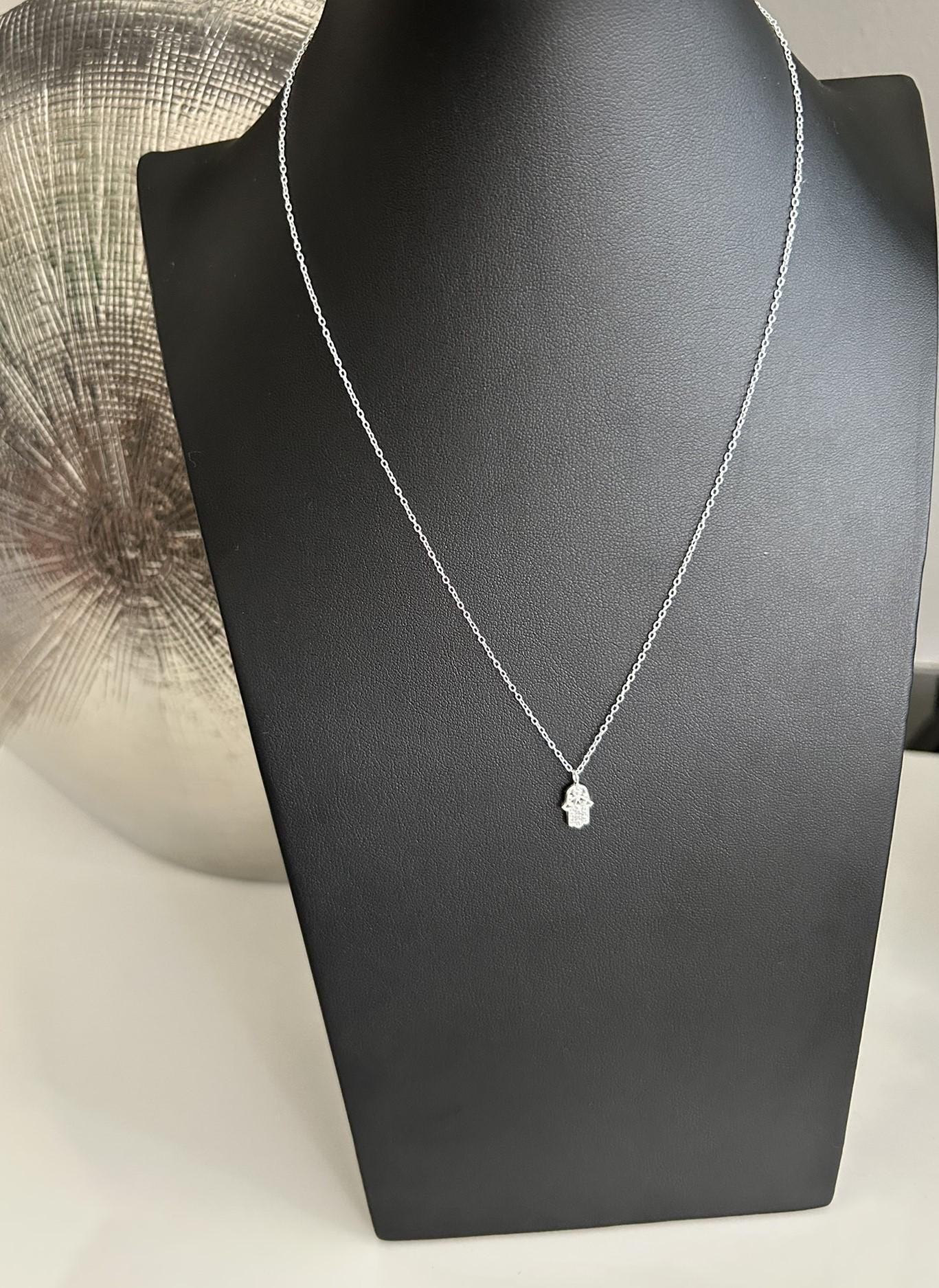 Sterling Silver Hamsa Hand Necklace: Cubic Zirconia Fatima Pendant