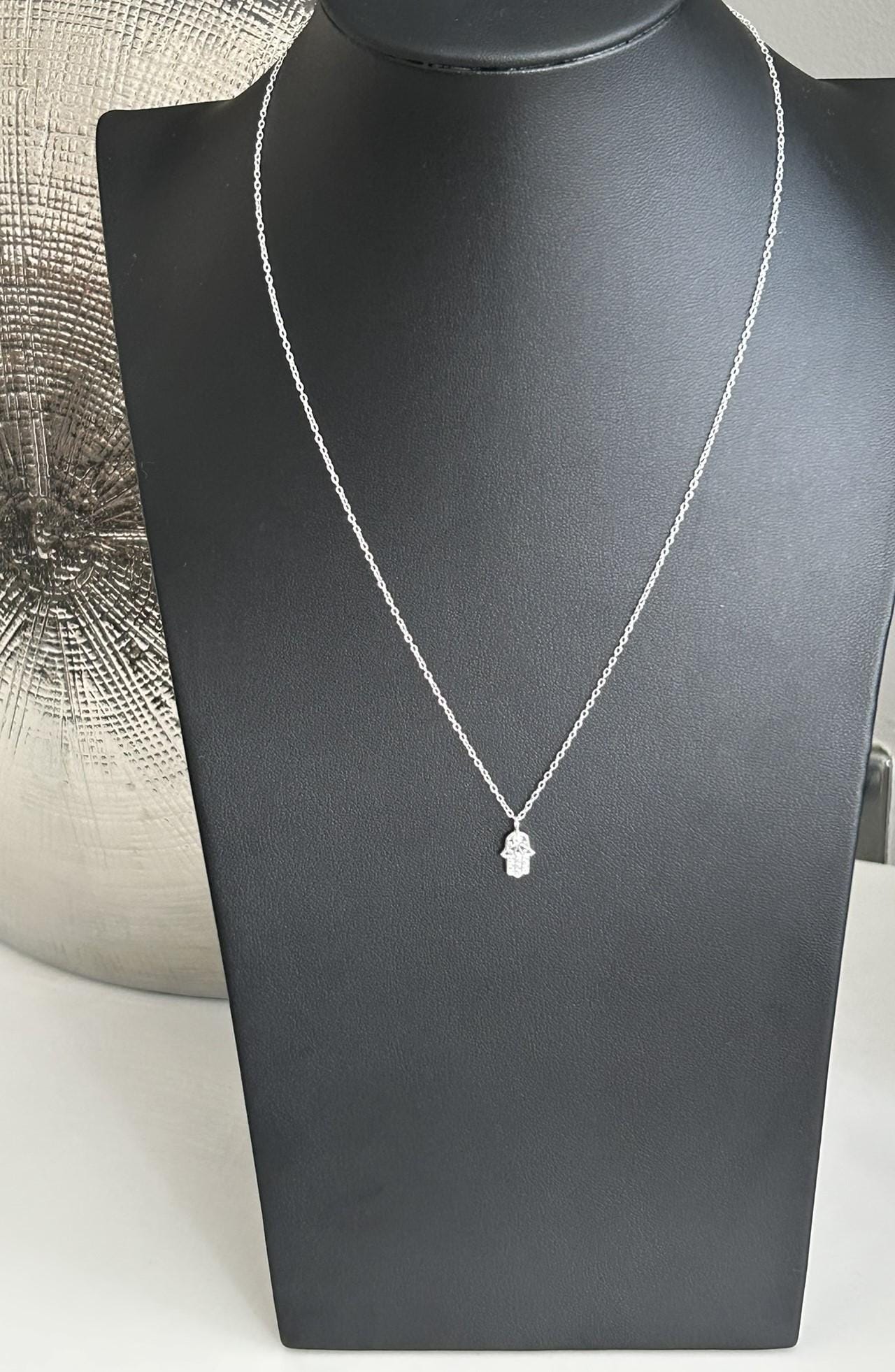Sterling Silver Hamsa Hand Necklace: Cubic Zirconia Fatima Pendant