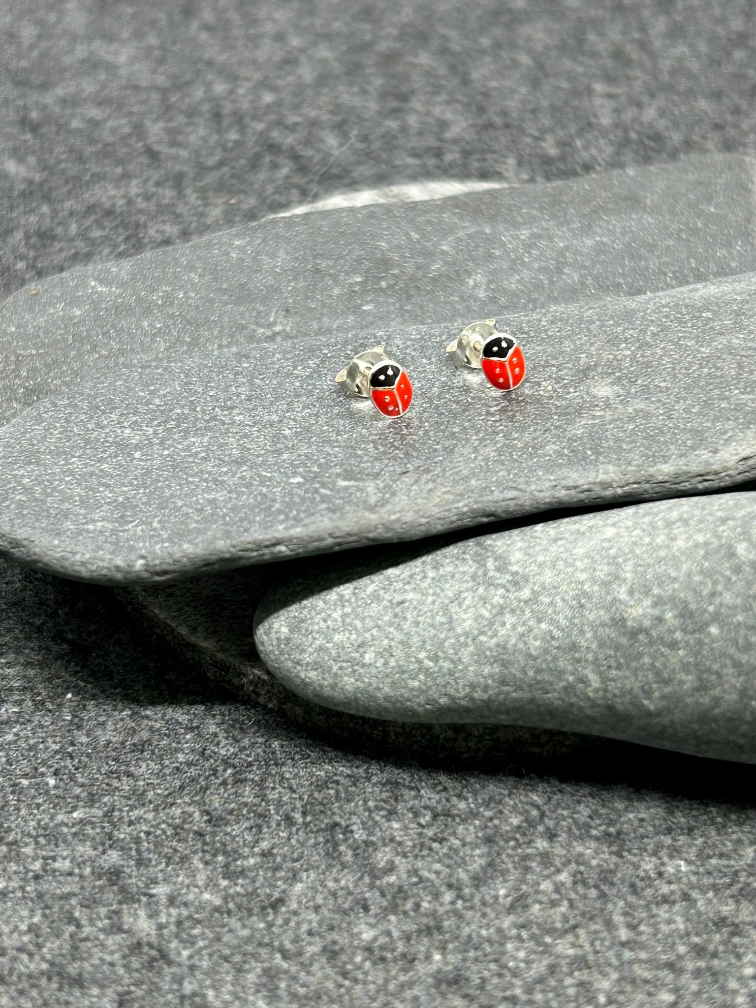 Mini Ladybird - 925 Sterling Silver Colourful Stud Earrings