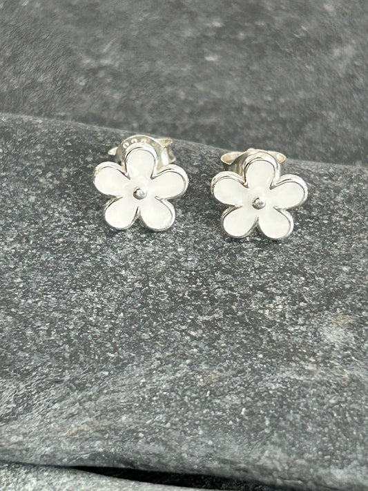 Flower Cosmos - 925 Sterling Silver Plain White Ear Studs