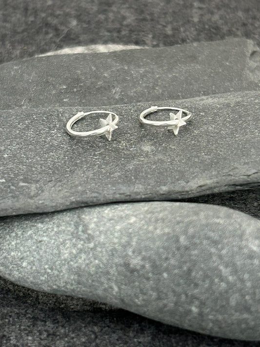 Star - 925 Sterling Silver Bar Charm Ear Hoops