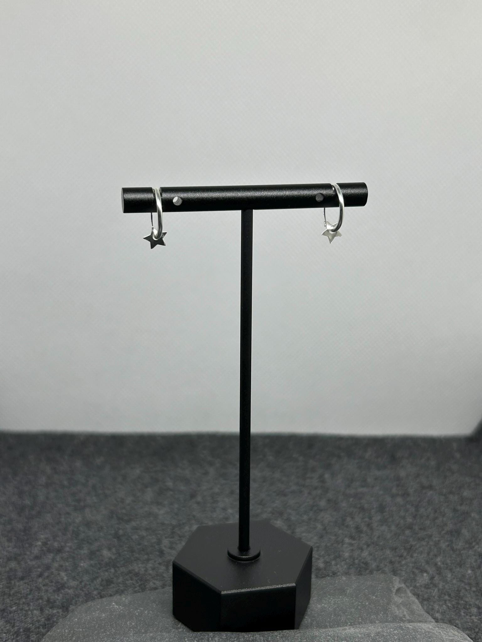 Star - 925 Sterling Silver Bar Charm Ear Hoops
