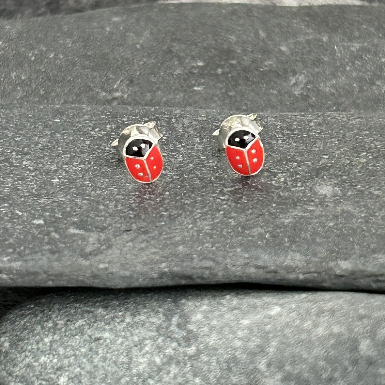 Mini Ladybird - 925 Sterling Silver Colourful Stud Earrings