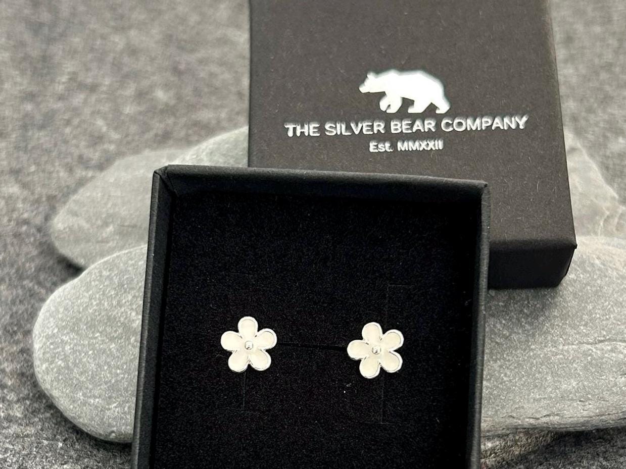 Flower Cosmos - 925 Sterling Silver Plain White Ear Studs