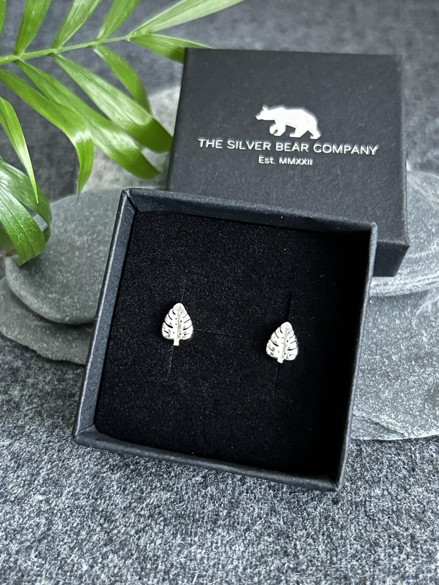 Monstera Leaf - 925 Sterling Silver Plain Stud Earrings - Boxed
