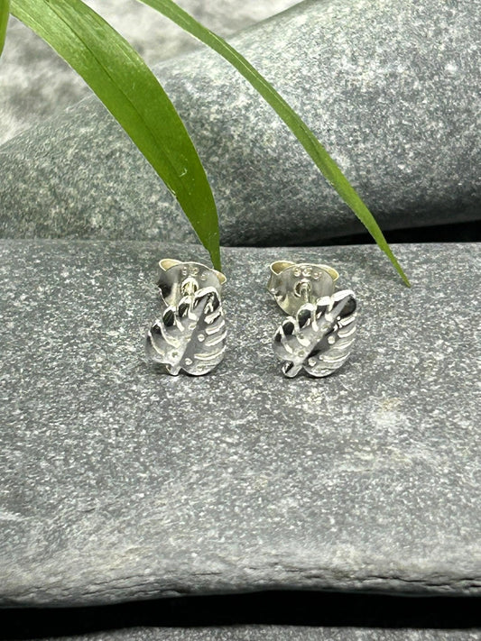 Monstera Leaf - 925 Sterling Silver Plain Stud Earrings - Boxed