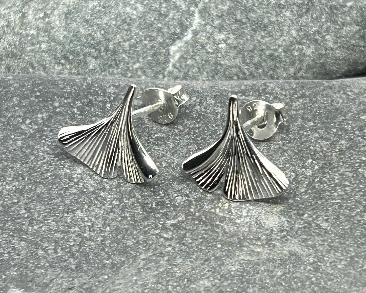 Ginkgo Leaf - 925 Sterling Silver Plain Stud Earrings