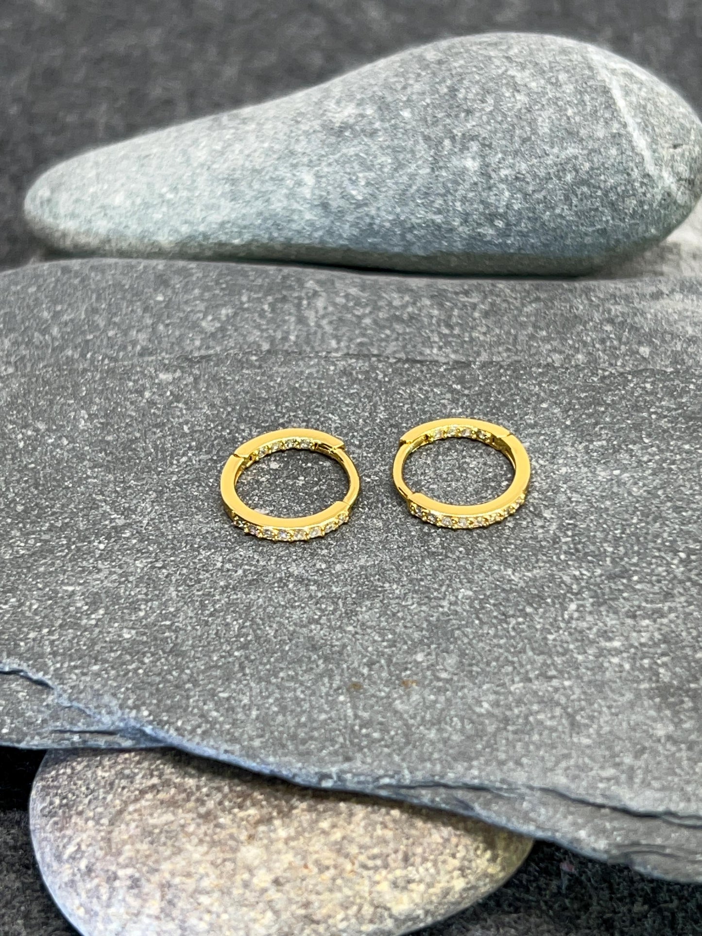 Gold Huggie Ear Hoops - 925 Sterling Silver Gold Plated with Cubic Zirconia. Boxed