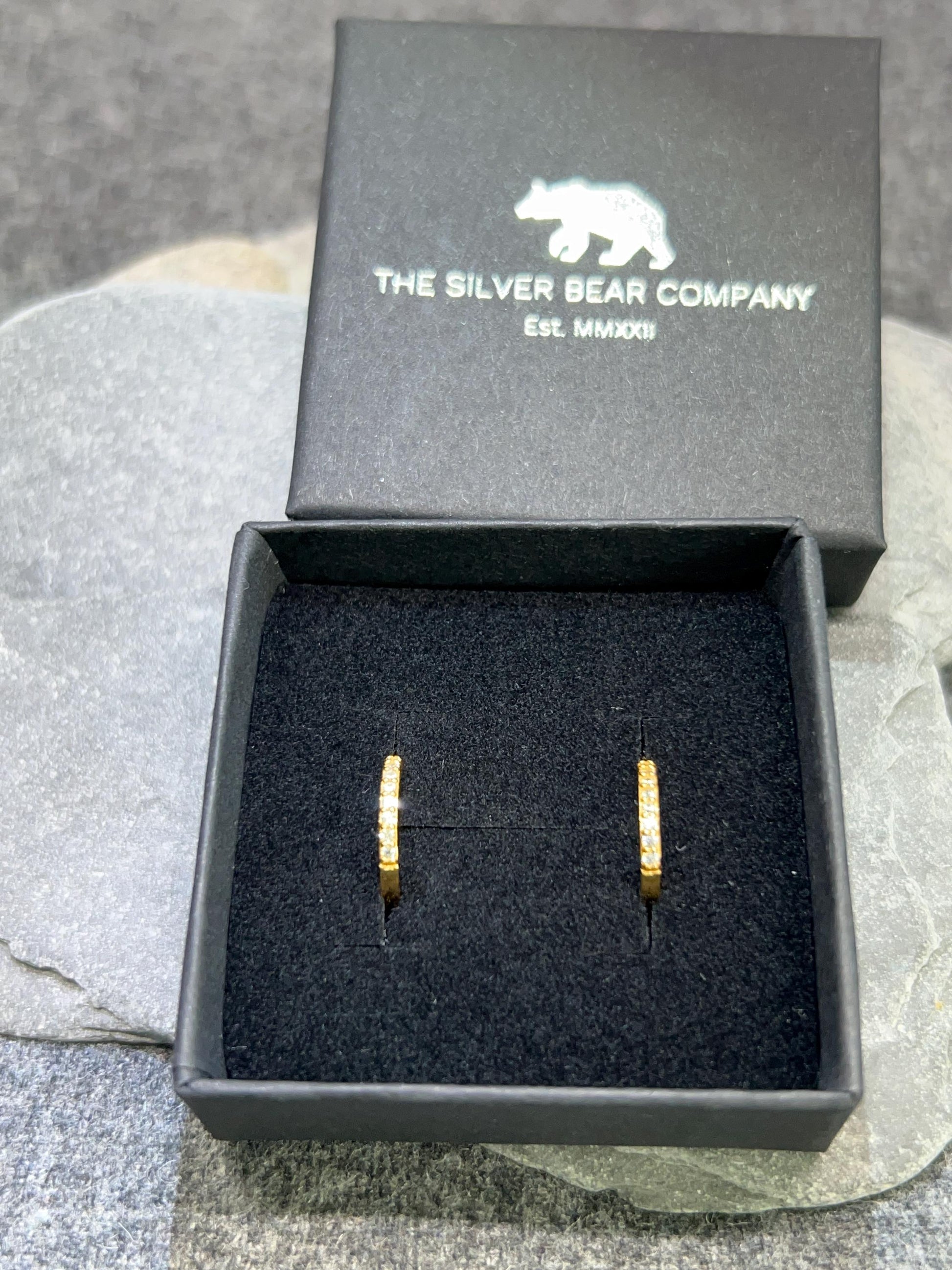 Gold Huggie Ear Hoops - 925 Sterling Silver Gold Plated with Cubic Zirconia. Boxed