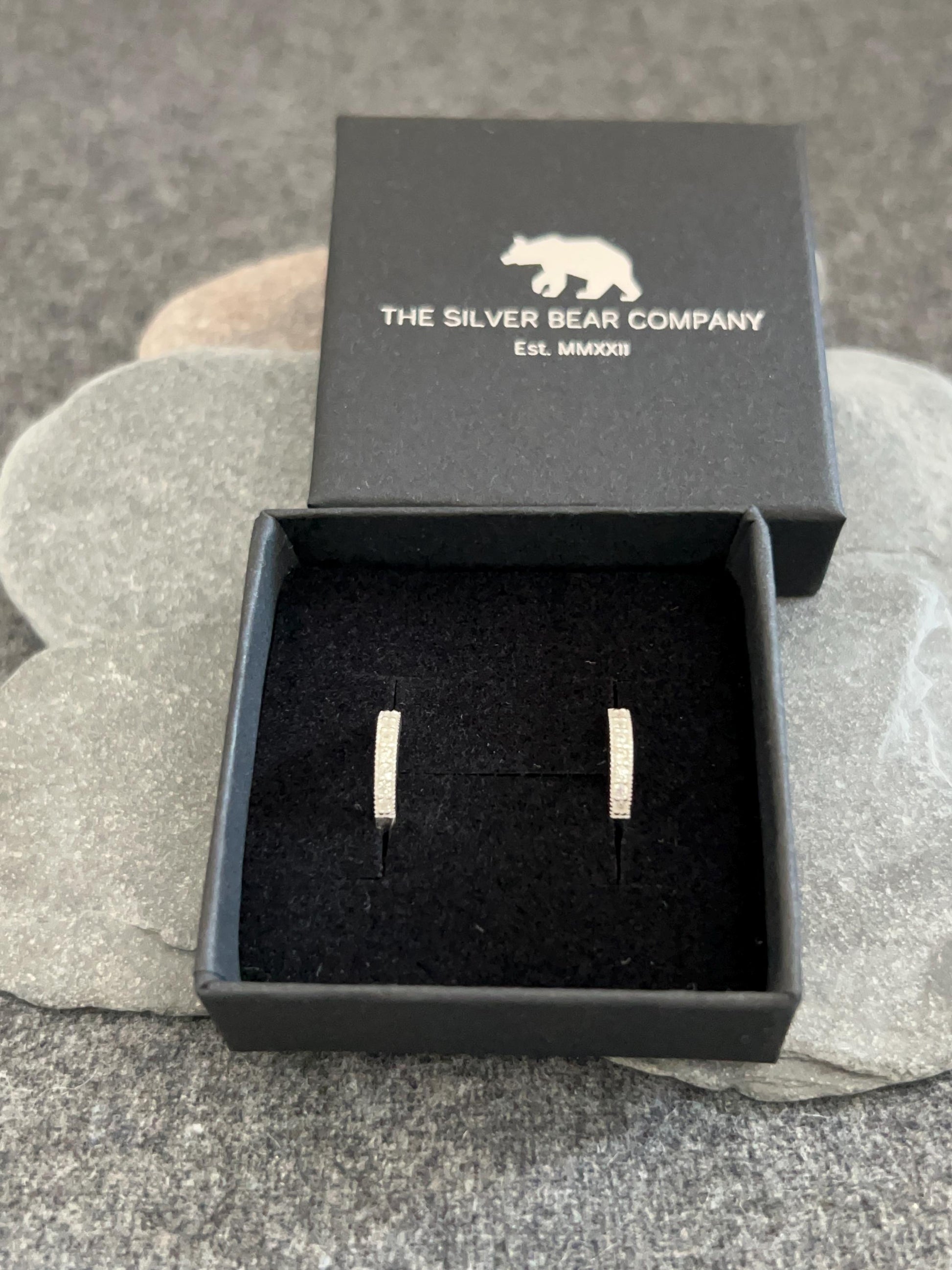 Huggie Ear Silver Hoops - 925 Sterling Silver with Cubic Zirconia. Boxed