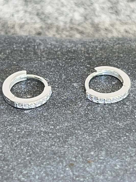 Huggie Ear Silver Hoops - 925 Sterling Silver with Cubic Zirconia. Boxed