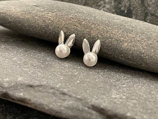 Pearl Rabbit - 925 Sterling Silver Plain Stud Earrings