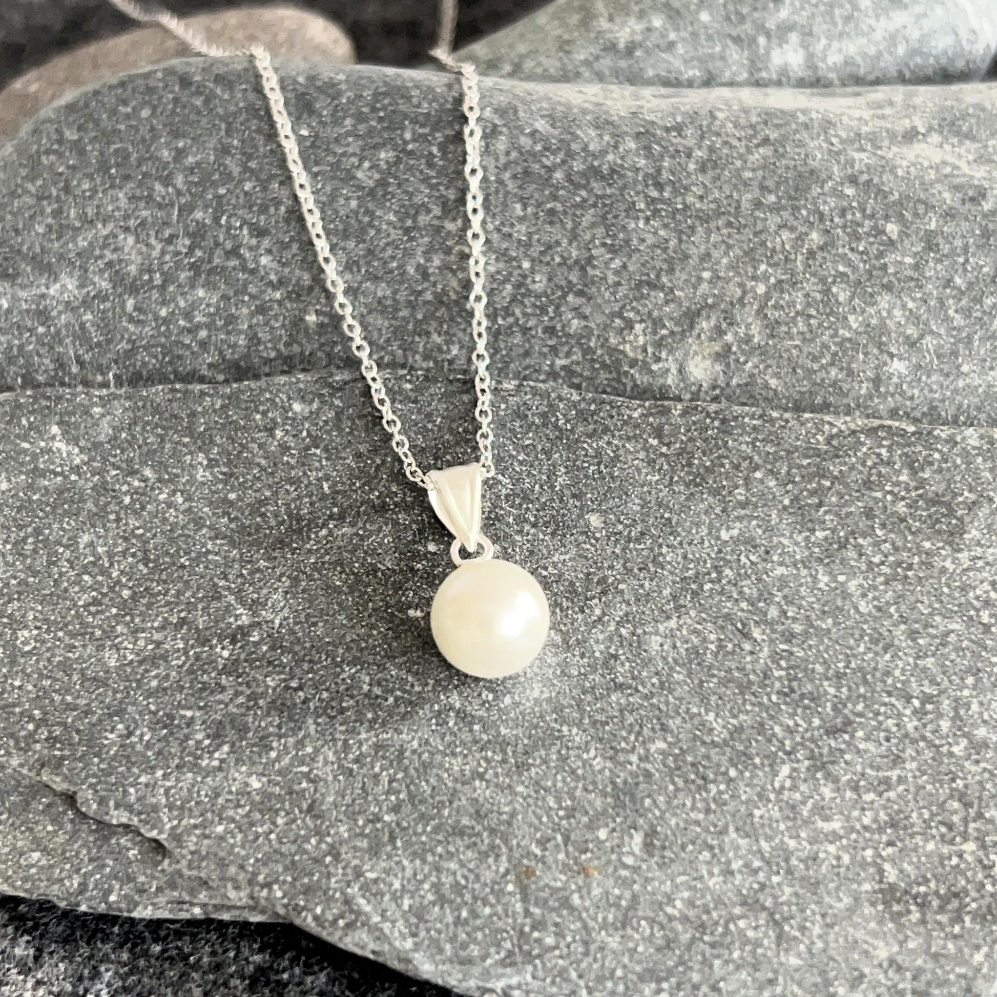 Pearl Necklace - 925 Sterling Silver Necklace with White Glass Pearl Pendant - Boxed