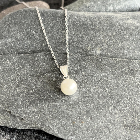Pearl Necklace - 925 Sterling Silver Necklace with White Glass Pearl Pendant - Boxed