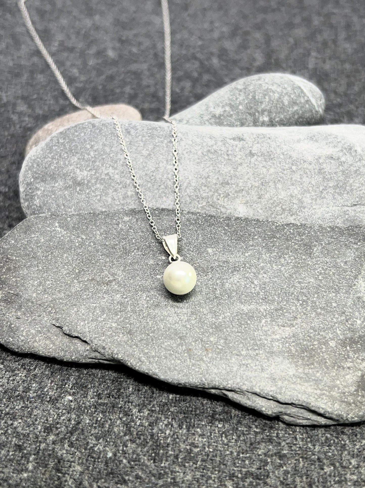 Pearl Necklace - 925 Sterling Silver Necklace with White Glass Pearl Pendant - Boxed