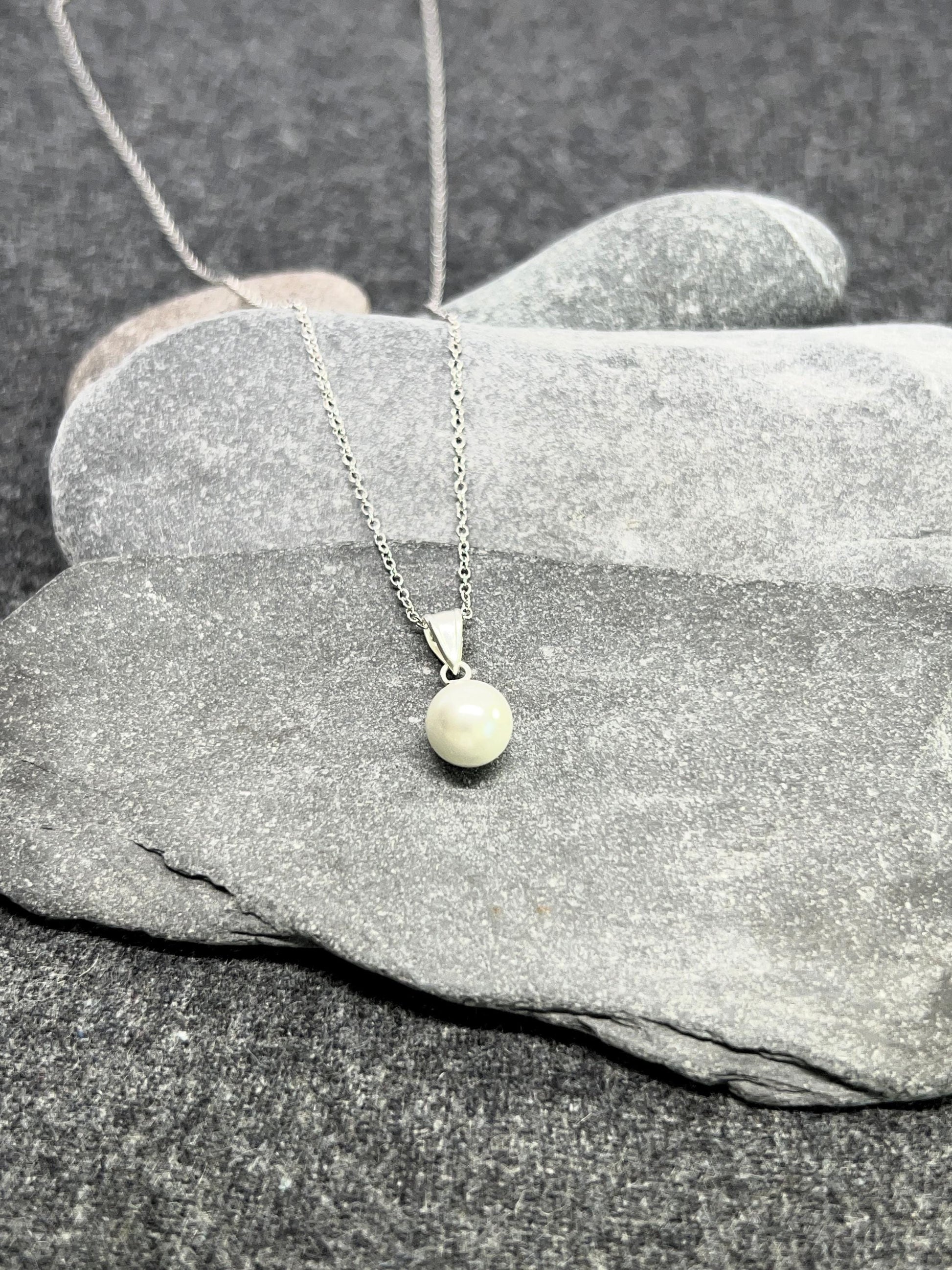 Pearl Necklace - 925 Sterling Silver Necklace with White Glass Pearl Pendant - Boxed
