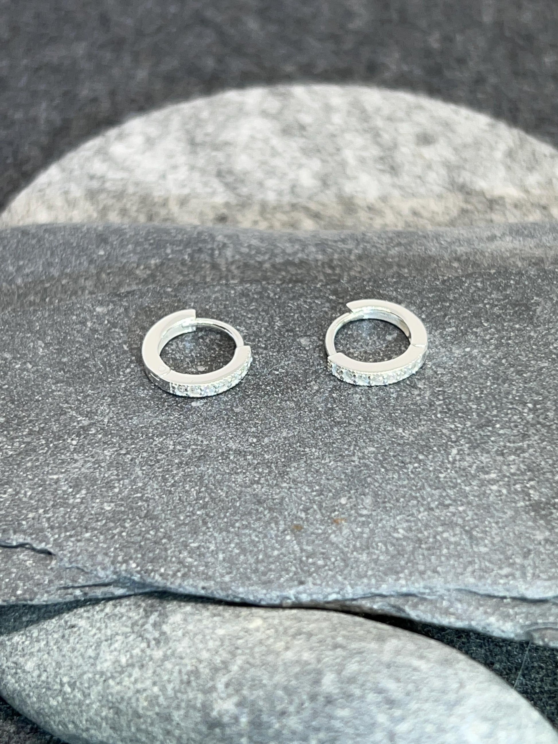 Huggie Ear Silver Hoops - 925 Sterling Silver with Cubic Zirconia. Boxed