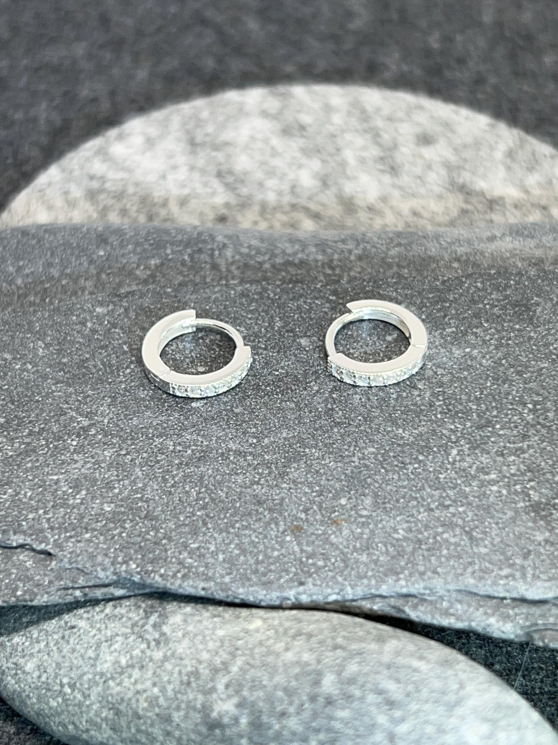 Huggie Ear Silver Hoops - 925 Sterling Silver with Cubic Zirconia. Boxed