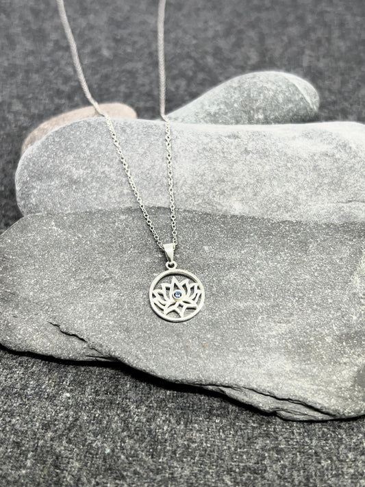 Lotus Flower - 925 Sterling Silver Cubic Zirconia CZ Pendant and Necklace - Boxed