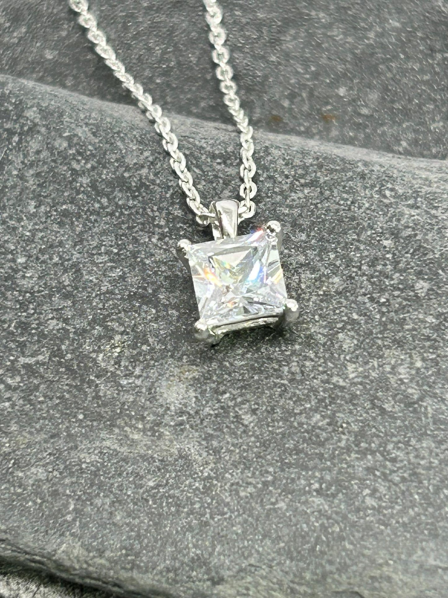 Diamond Square Solitaire - 925 Sterling Silver Necklace - Boxed - Timeless Elegance 6mm