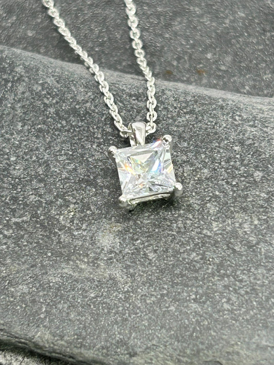 Diamond Square Solitaire - 925 Sterling Silver Necklace - Boxed - Timeless Elegance 6mm