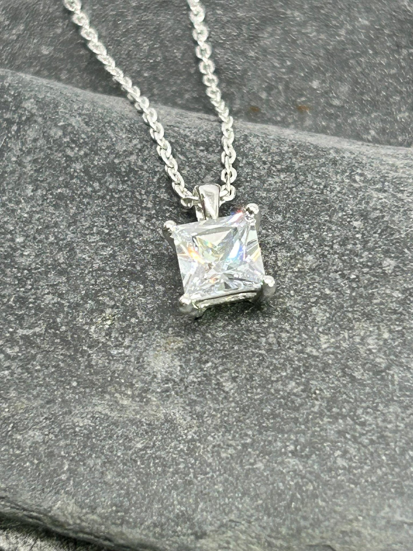 Diamond Square Solitaire - 925 Sterling Silver Necklace - Boxed - Timeless Elegance 6mm