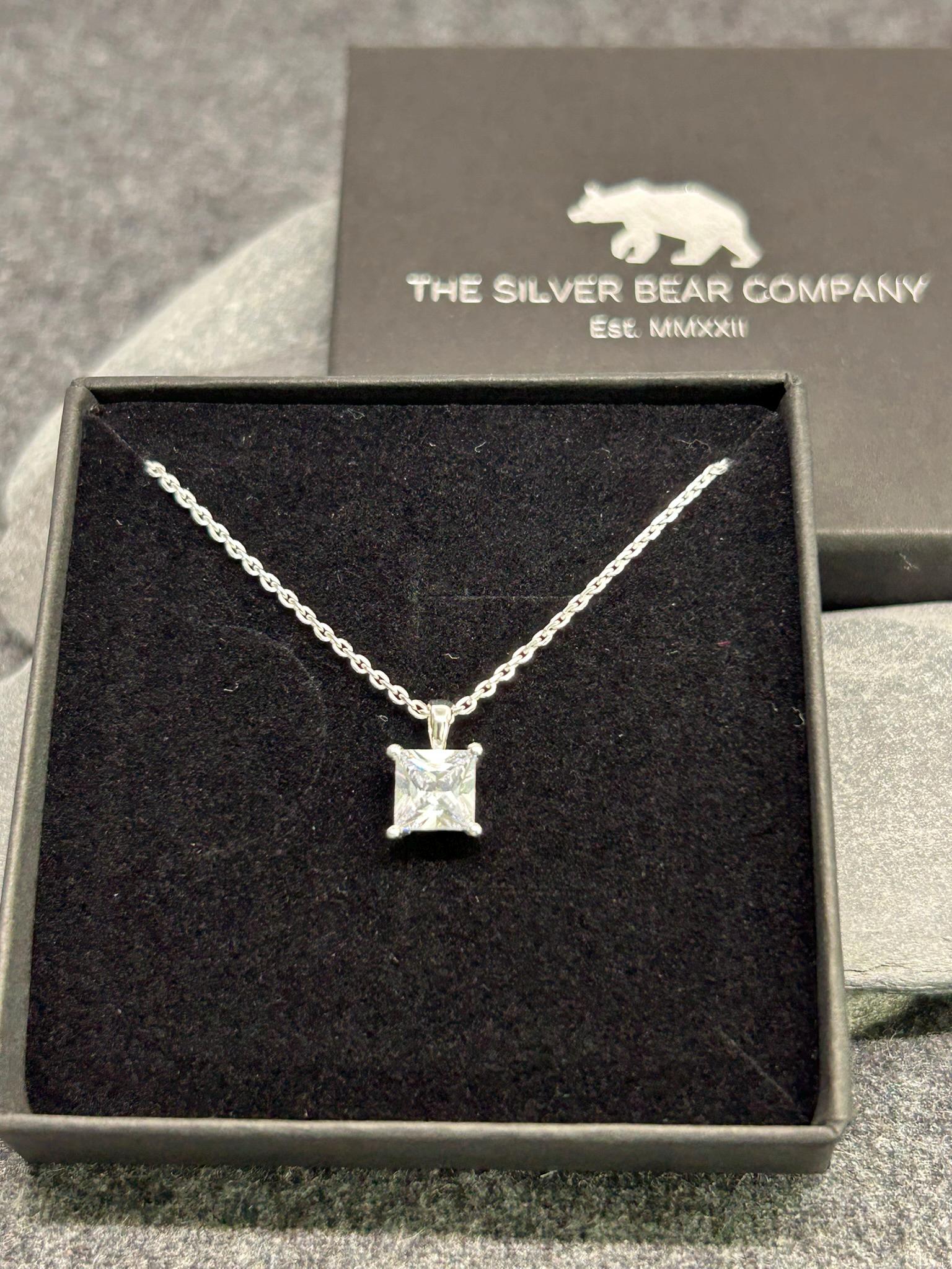 Diamond Square Solitaire - 925 Sterling Silver Necklace - Boxed - Timeless Elegance 6mm