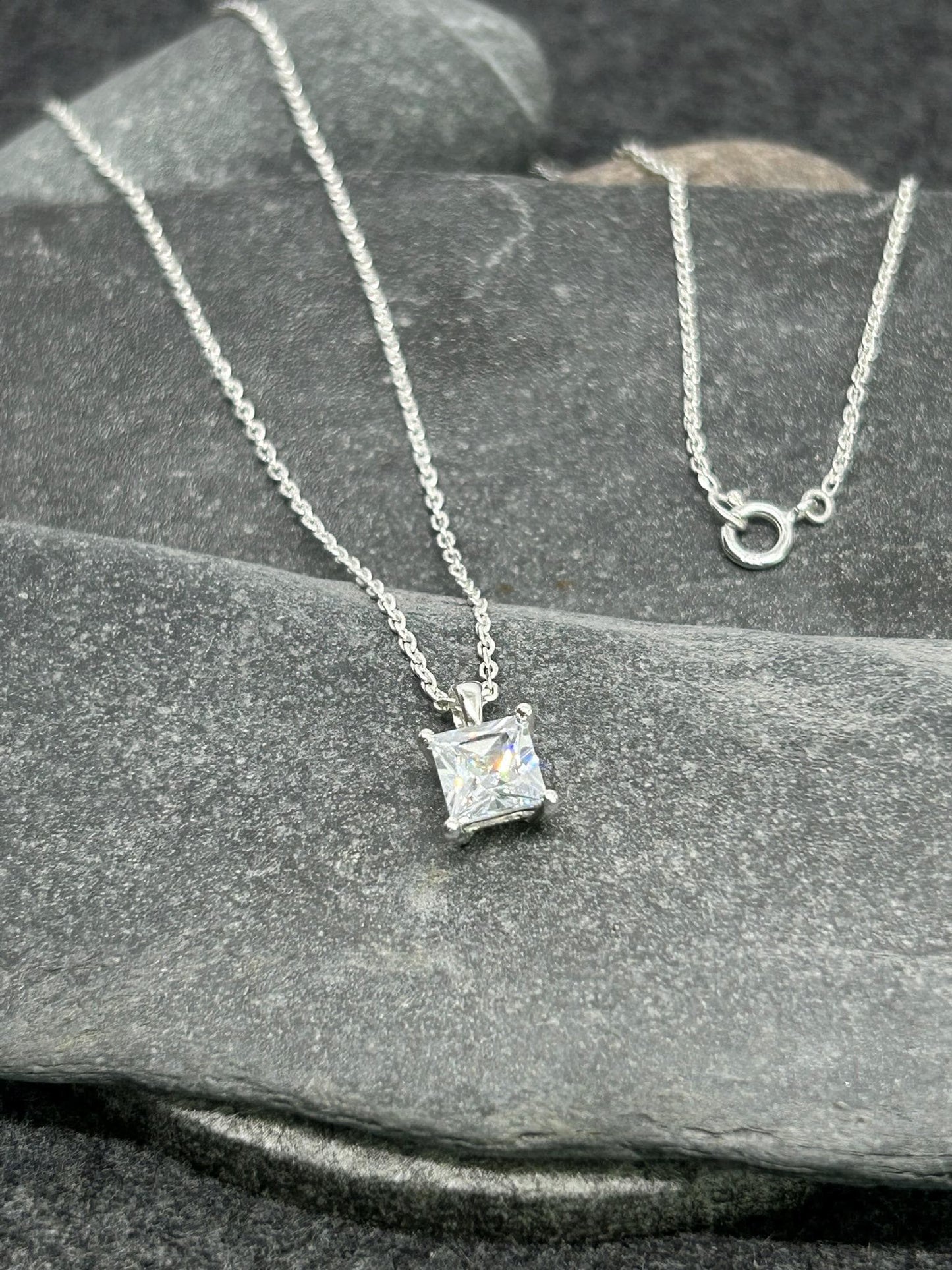 Diamond Square Solitaire - 925 Sterling Silver Necklace - Boxed - Timeless Elegance 6mm