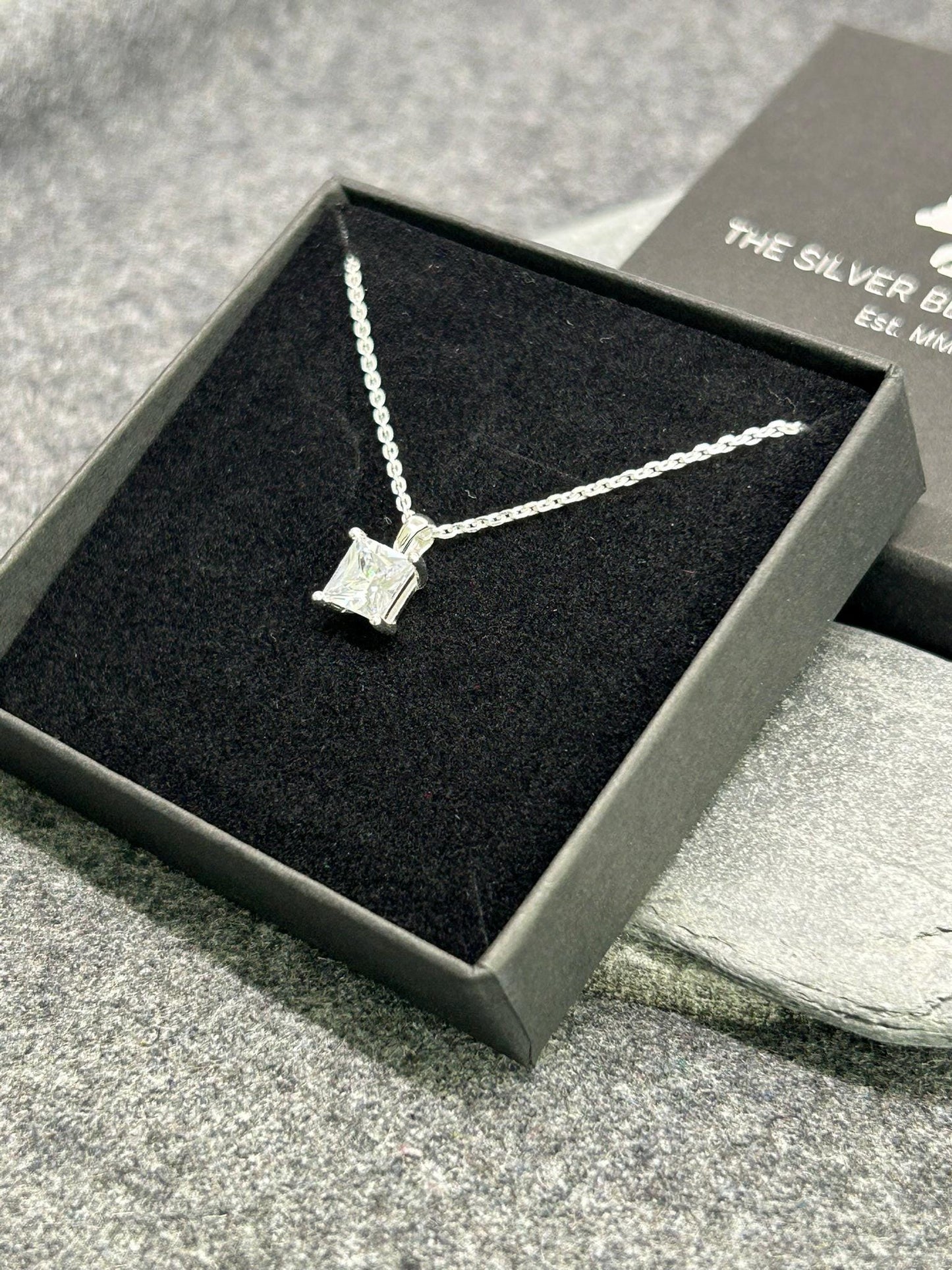 Diamond Square Solitaire - 925 Sterling Silver Necklace - Boxed - Timeless Elegance 6mm