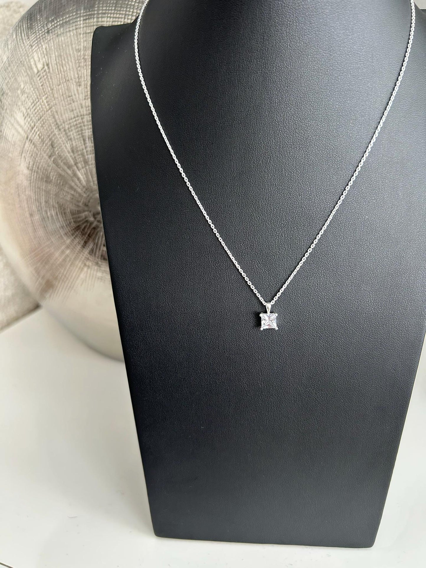 Diamond Square Solitaire - 925 Sterling Silver Necklace - Boxed - Timeless Elegance 6mm