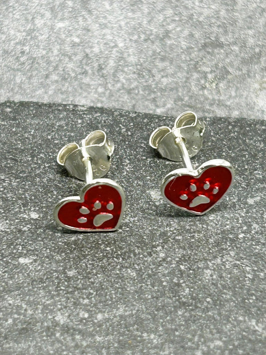 Paw Print Heart - 925 Sterling Silver Colourful Ear Studs - Boxed