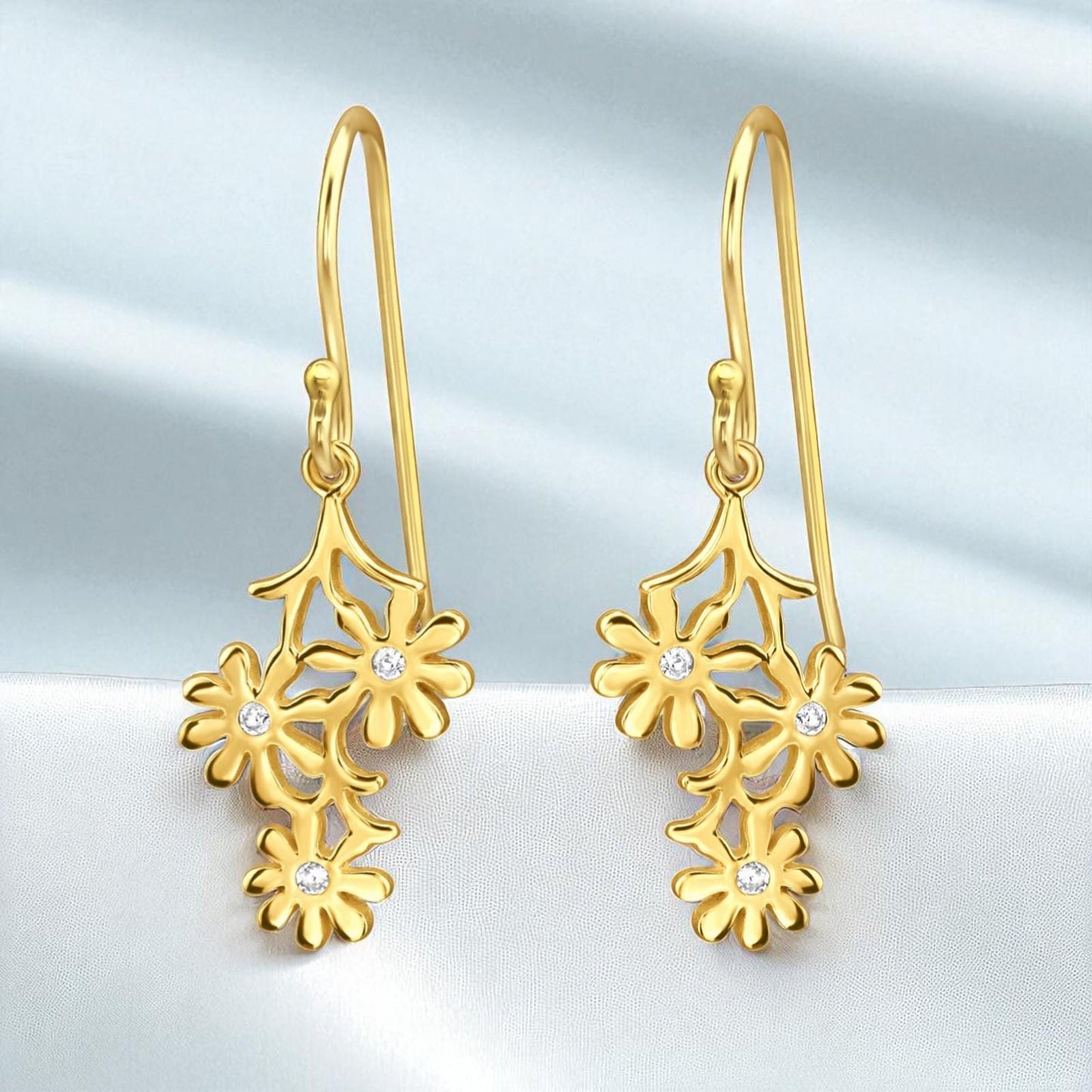 Daisy Trio Drop Earrings, Gold/Silver Plated 925 Sterling Silver, Cubic Zirconia