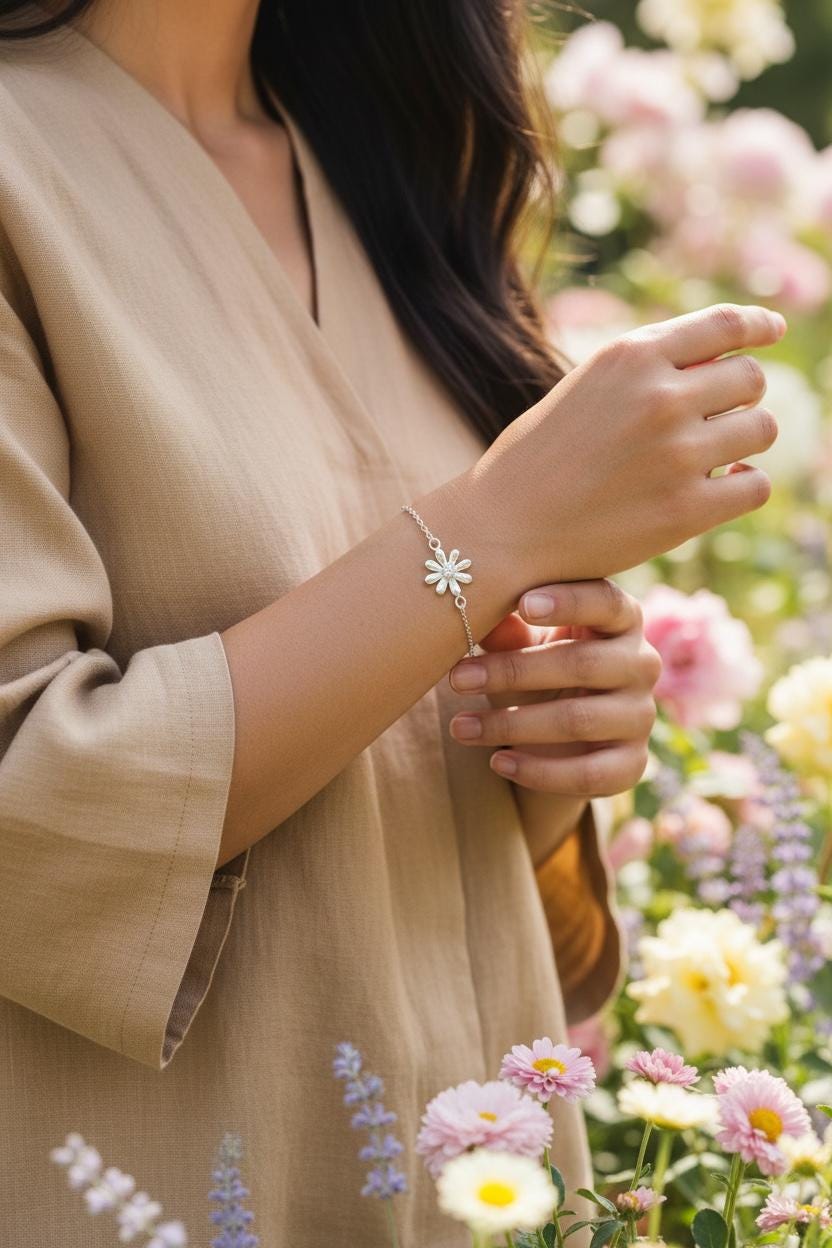 Flower Bracelet - 925 Sterling Silver with Cubic Zirconia CZ