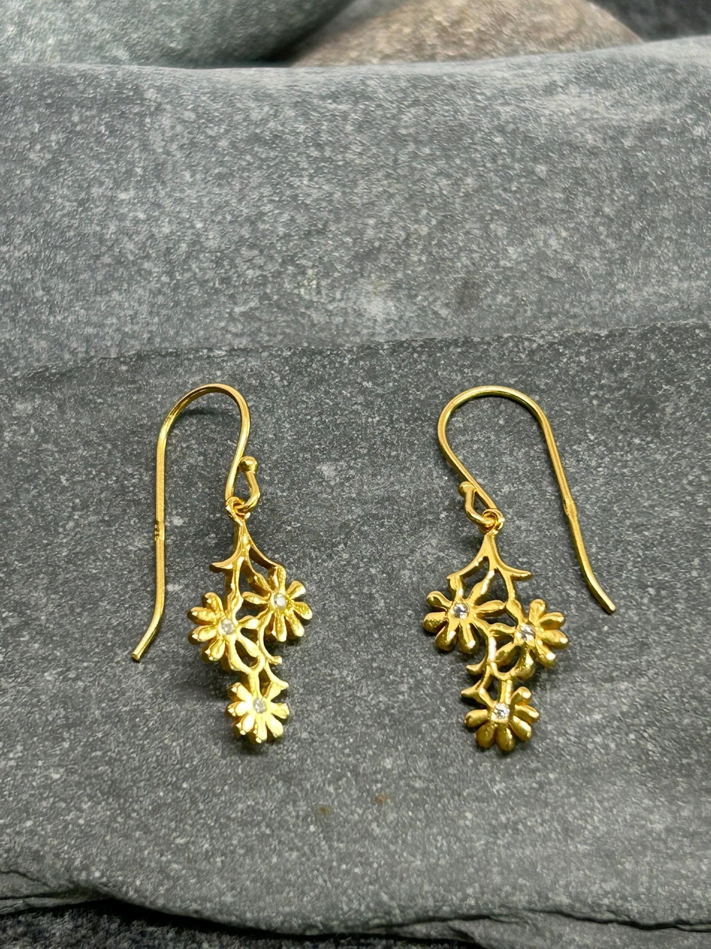 Daisy Trio Drop Earrings, Gold/Silver Plated 925 Sterling Silver, Cubic Zirconia