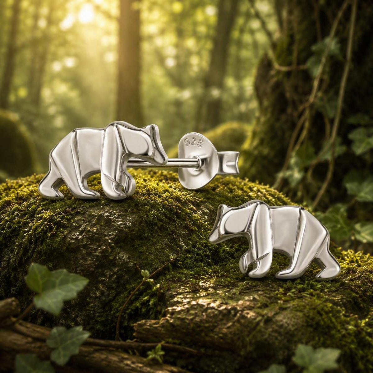 Bear - 925 Sterling Silver Plain Origami Bear Ear Studs