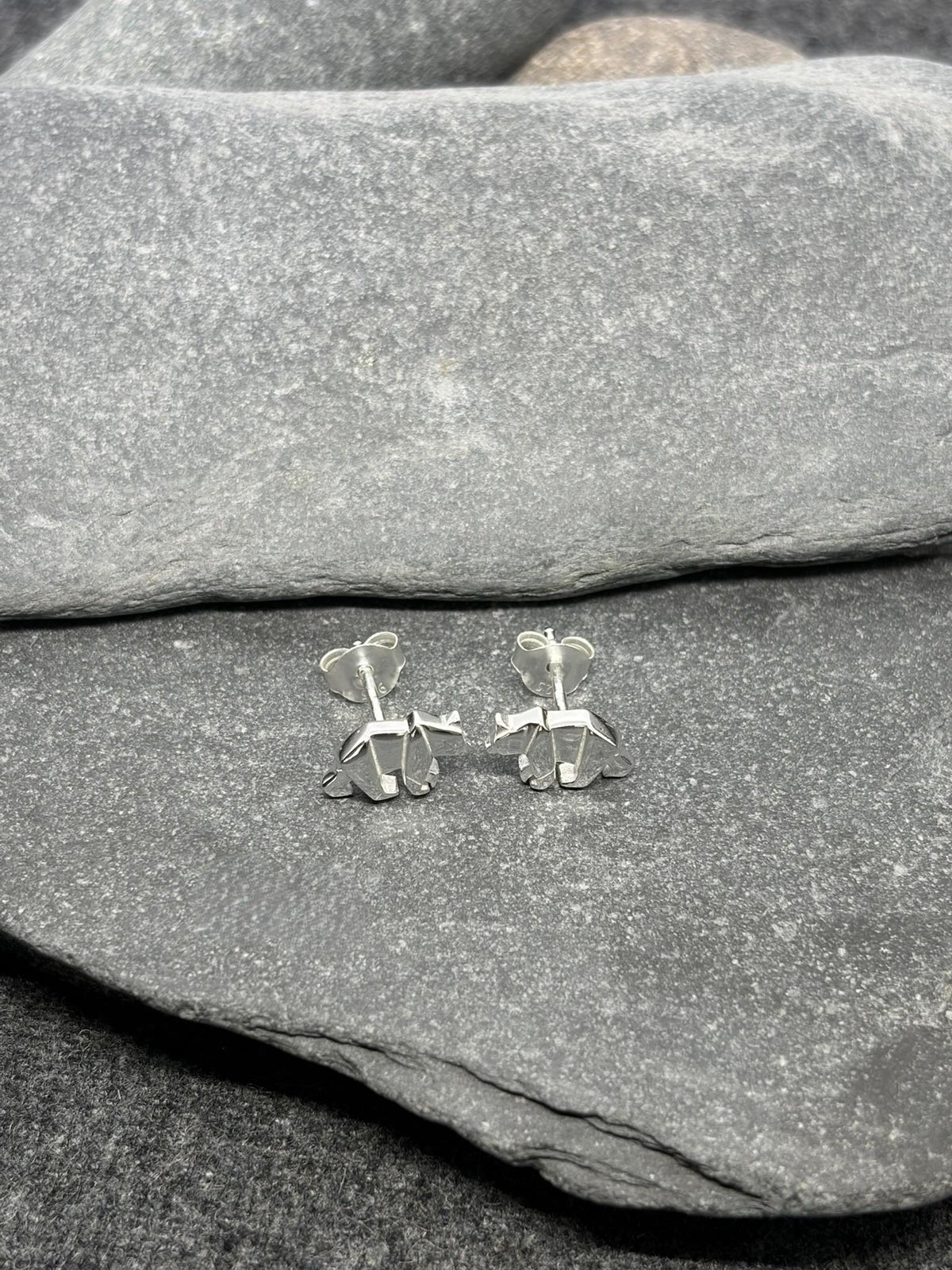 Bear - 925 Sterling Silver Plain Origami Bear Ear Studs
