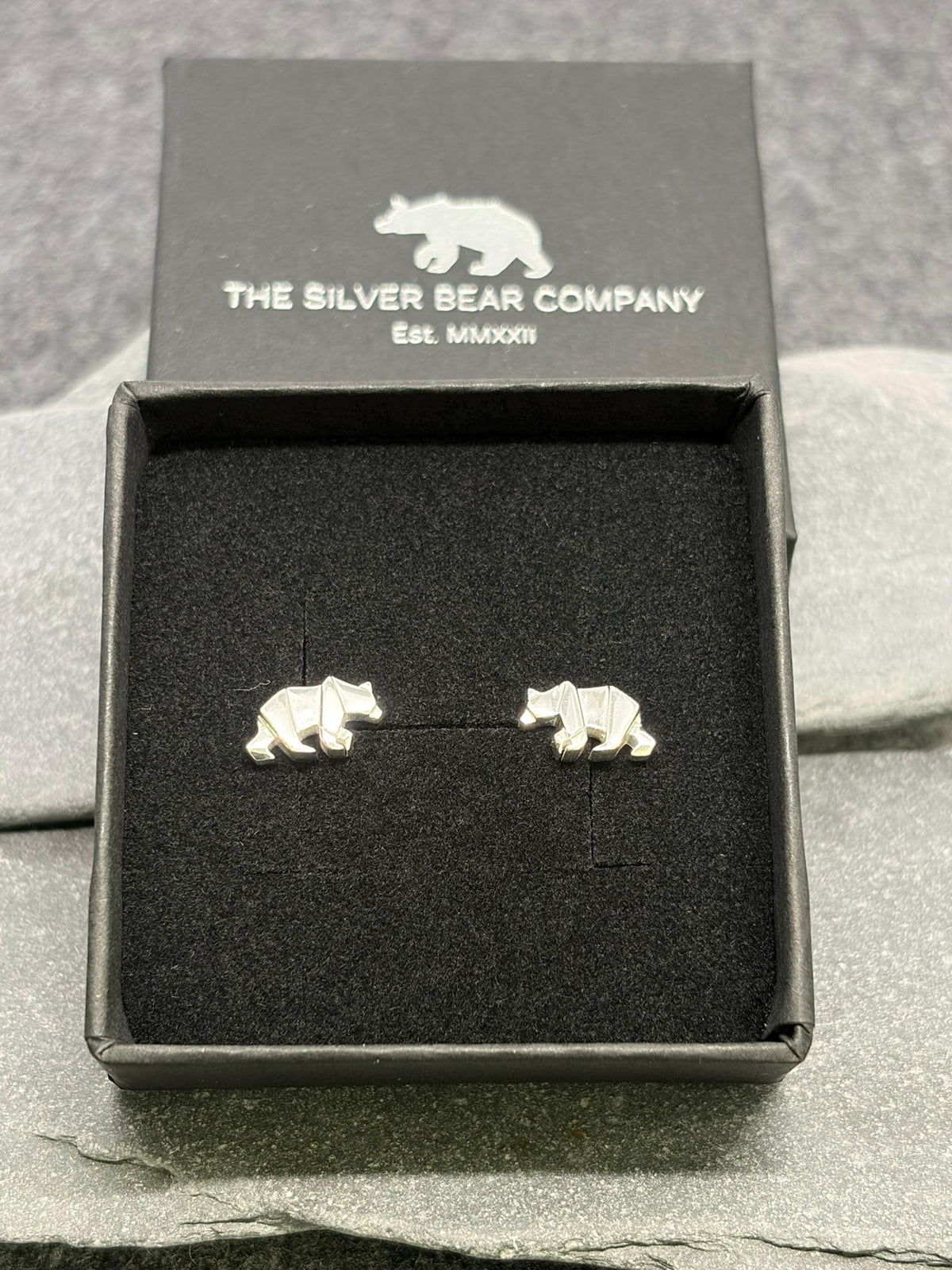 Bear - 925 Sterling Silver Plain Origami Bear Ear Studs