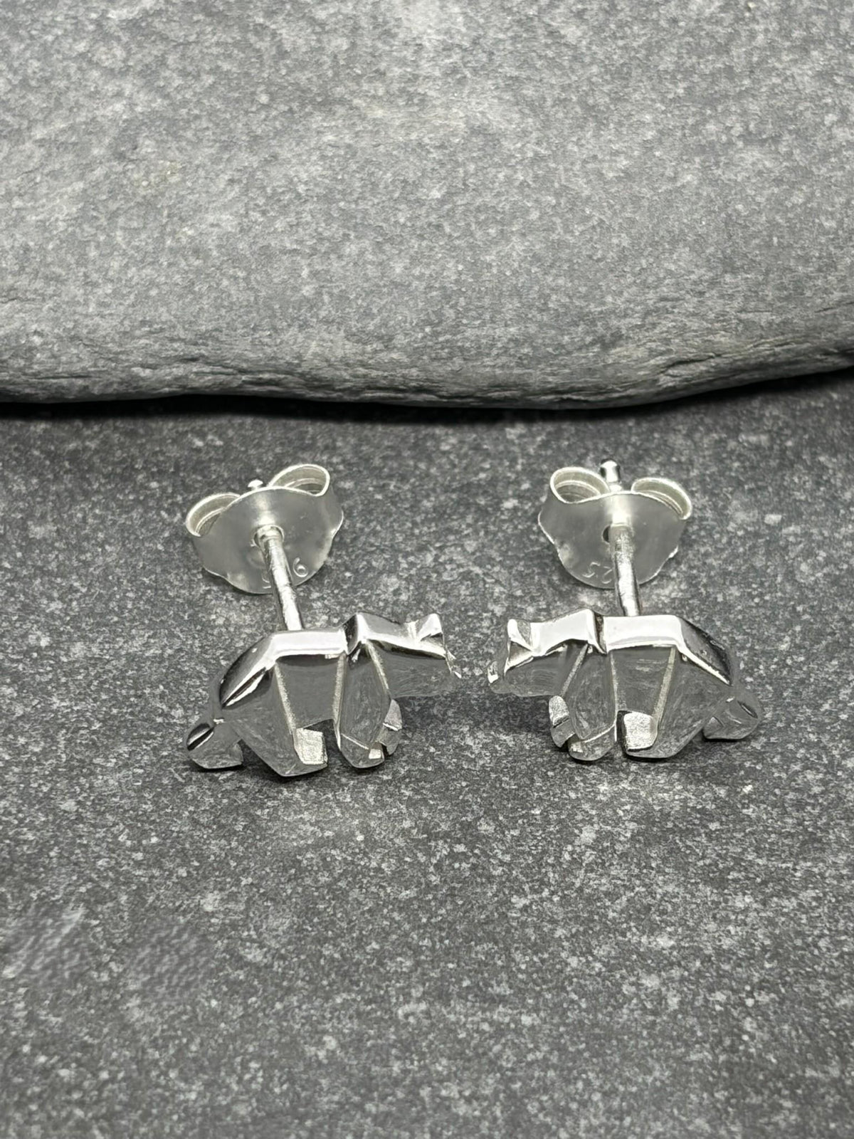 Bear - 925 Sterling Silver Plain Origami Bear Ear Studs