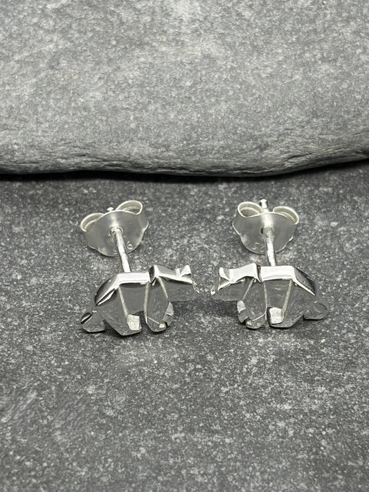 Bear - 925 Sterling Silver Plain Origami Bear Ear Studs